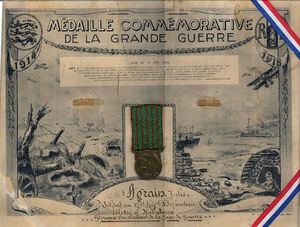 Diplôme de la médaille commémorative de la Grande Guerre de Jules Agrain
